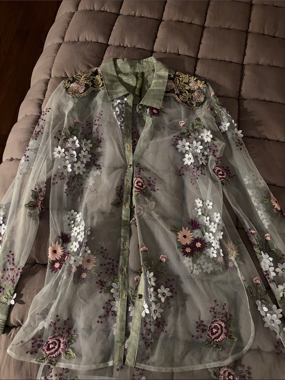 Aratta Sheer Olive Green Floral Embroidered Button-Up Top
